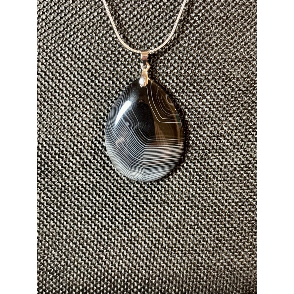 Banded Black Agate Teardrop Pendant Necklace Stainless Steel Snake Chain